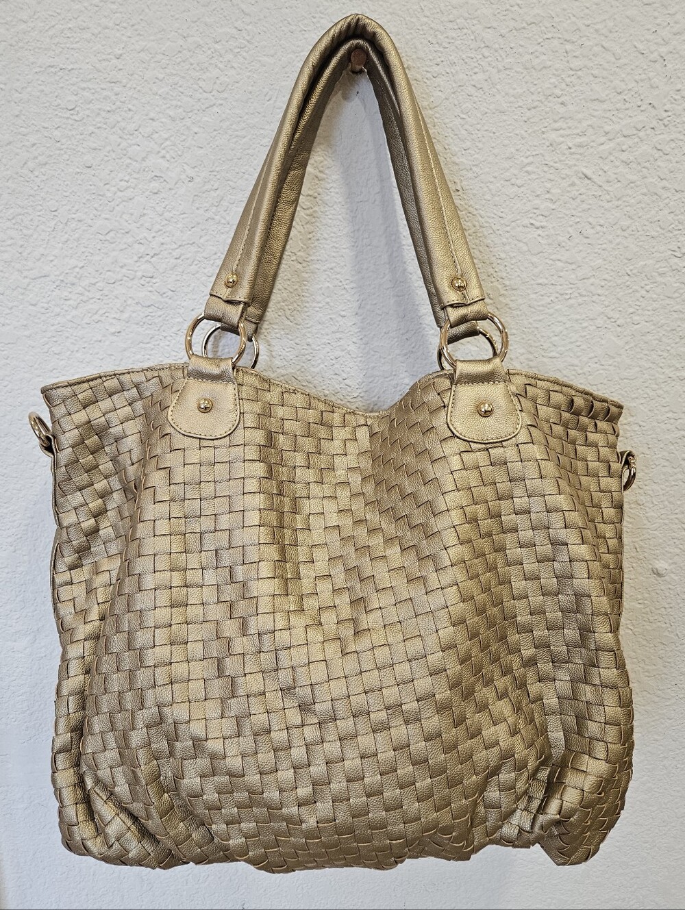Deux Lux Metallic Gold Basket Weave Tote Vegan Crossbody Slouchy Hobo Bag